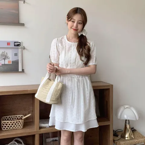 |CHO563A|여성 레이스 디테일 레이어드 미니 드레스
