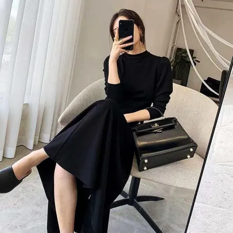 원피스 OPS 편한 하이웨스트 긴팔 반목 여성