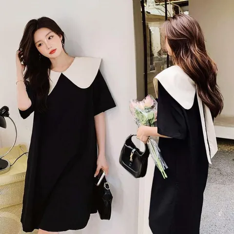 원피스 OPS 편한 와이드 배색 카라 블랙 여성