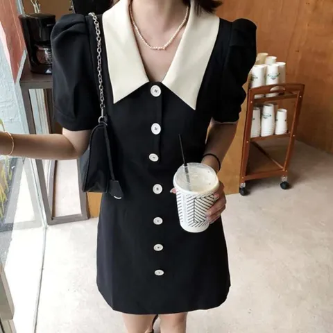 원피스 OPS 편한 포인트 카라 배색 단추 미니 블랙