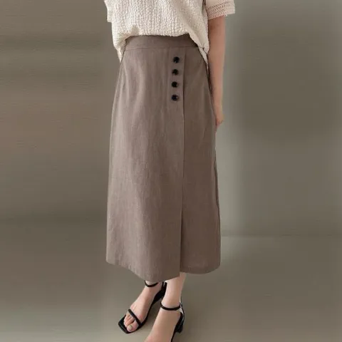 아트박스/신상오픈런 여성 버튼 포켓 롱 린넨 H라인 스커트 하객용 +할인쿠폰