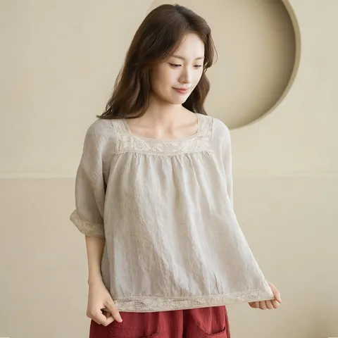 엄마옷 마담4060 블라우스 여성 데일리 [내추럴포엠]린넨장미사각 -YBL2605003- +할인쿠폰