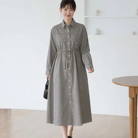 [하프클럽/옷자락]여자 순면 고방 깅엄 체크 긴팔셔츠핏 봄남방 원피스