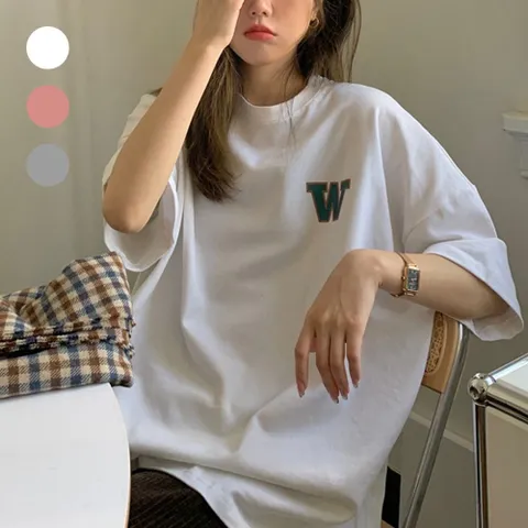 티셔츠 영문 W 스펠링 박스티 오버핏 라운드 반팔티셔츠