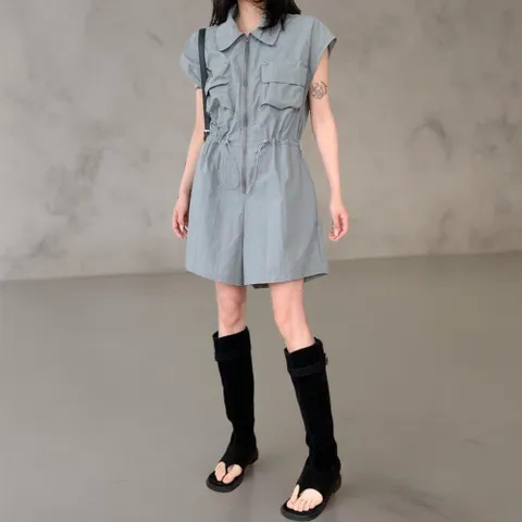 여성 반소매 힙무드 드로우코드 핫팬츠 카라넥 점프수트