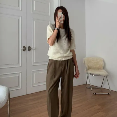 여자 반소매 아이보리 FW 코디 폴딩 울블렌드 니트