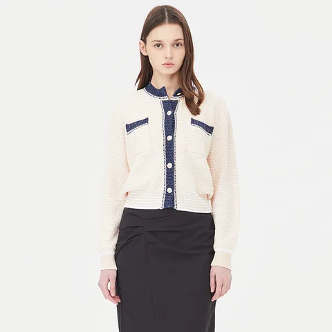 [우수고객전용] [시슬리] 라운드넥 배색 니트 가디건_SAKC10411BE +할인쿠폰