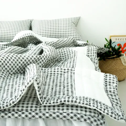 바숨 스몰체크 시어서커 여름이불+침대패드+베개커버 세트 퀸 Q