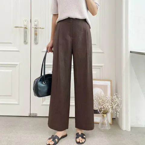 여자 클래식 뒷밴딩 마 핀턱 일자 와이드 팬츠_3