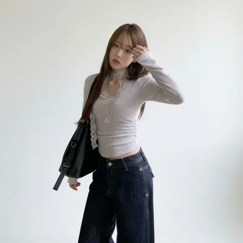 |KHTA52D|여성 브이넥 레이스 스카프 세트 셔링 골지 티셔츠 +할인쿠폰