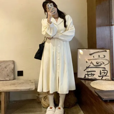 원피스 OPS 드레스 여성 코듀로이 골덴 롱 퍼프 소매 V넥 카라넥