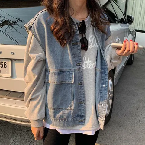 여성용 루즈핏 데님 조끼 베스트 청조끼 캐주얼룩
