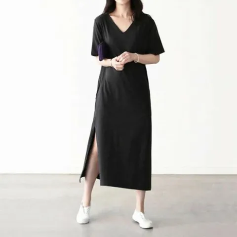 [하프클럽/옷자락]여자 데일리 웨어 편한 절개 롱 반팔 원피스
