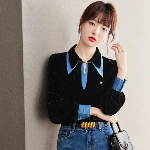 [하프클럽/모노베이직]브이넥 봄 벨벳 블라우스(mb0088)