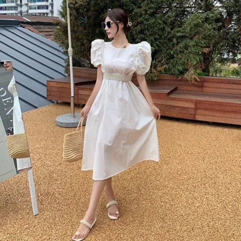 에퀴르 여성 여름 고급 벌룬 퍼프 진주장식 롱 원피스