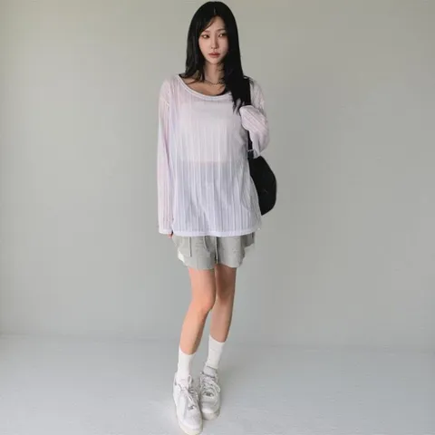 |KHT9691|여성 오프숄더 시스루 크롭 긴팔 티셔츠 줄무늬 러블리 디자인