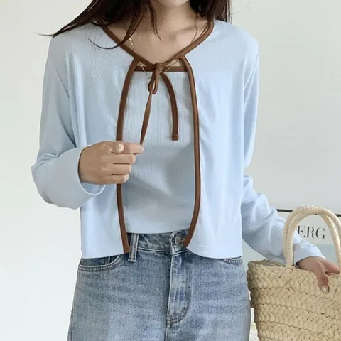 [하프클럽/다잇템]여자 면원단 카디건 콘트라스트 골지 세트