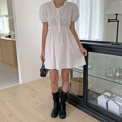 [하프클럽/다잇템]여성 면원단 프릴 반소매 벌룬 쁘띠 원피스