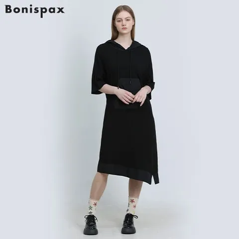 [보니스팍스] 배색 저지 후드형 롱 원피스 +할인쿠폰