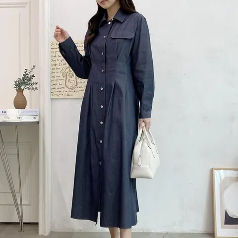 아트박스/신상오픈런 에크로 카라셔츠 미니멀 스프링 긴원피스 데님 +할인쿠폰