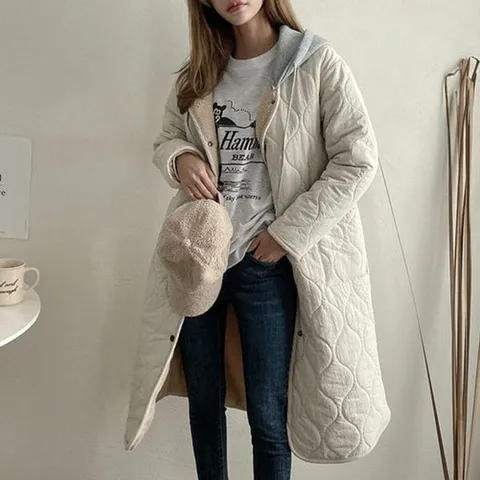 [하프클럽/옷자락]여자 물결 퀼팅 깔깔이 후드 롱 패딩 점퍼