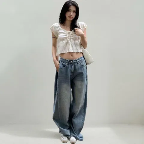 |KHH3FAE|여성용 사랑스러운 패턴 리본 스트랩 캡소매 블라우스