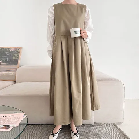 여자 플리츠 스퀘어넥 민소매 박시 가을하객 롱원피스