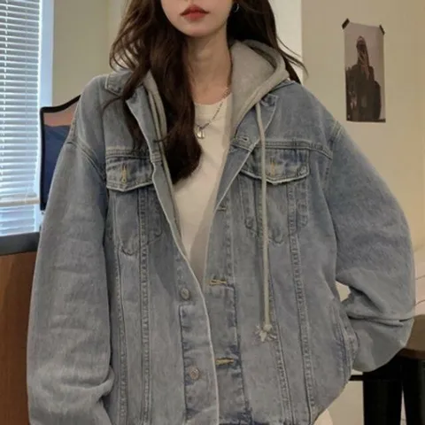 봄점퍼 자켓 재킷 잠바 아우터 루즈핏 청 후드 탈부착 데님 점퍼 여자 여성