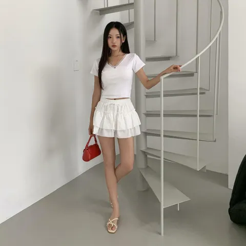 여성 쁘띠 바스락 리본 프릴 티어드 스커트