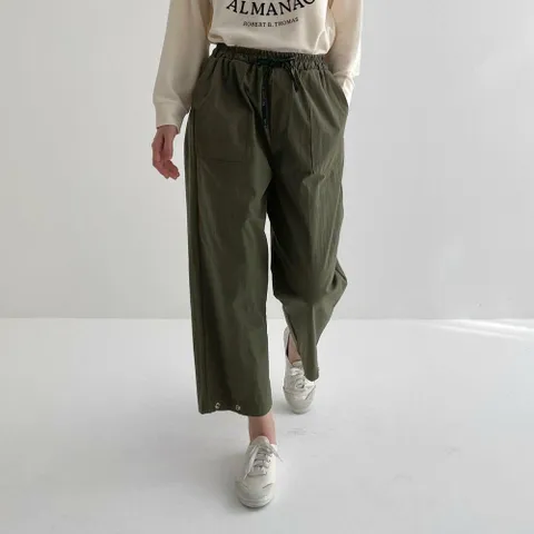 여성 통 단추 배기팬츠 조거 리본밴딩 2WAY 바지