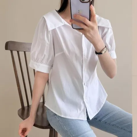 |CDH3D1A|여성 심플 면혼합 세일러카라 반팔 블라우스