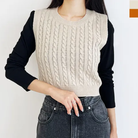 국산 여성용 꽈배기 봄 가을 크롭 니트조끼 베스트 +할인쿠폰