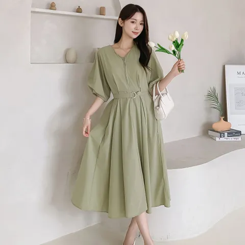 여자 하프집업 벌룬 여름하객룩 후레아 V넥 롱원피스