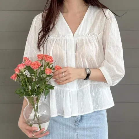 |KDH3DA6|여성 프릴 브이넥 캉캉 패턴 반투명 블라우스