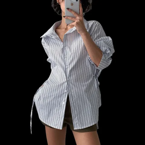 여자 빅사이즈 SS 슬림핏 힙커버 리본 셔츠