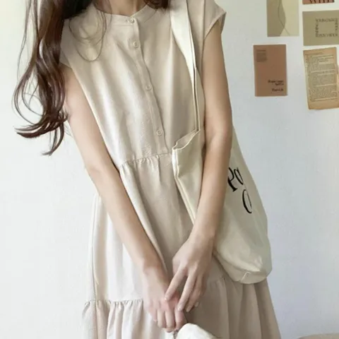 원피스 OPS 여성 민소매 반팔 롱 바캉스 베이지 여름