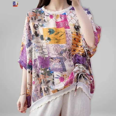 [퀸이즈] 모티 오버핏 스트링 나염 포인트 티셔츠