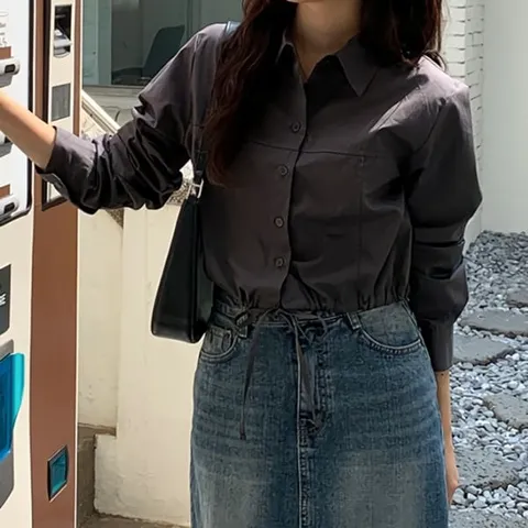 여성 가을 코튼 밑단 스트링 크롭 셔츠