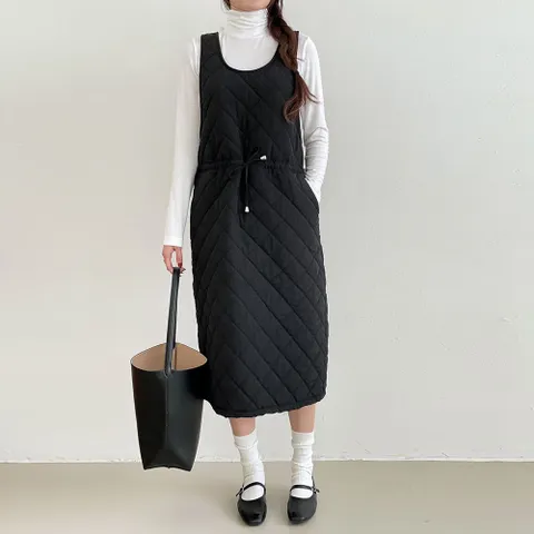 여자 누빔원피스 퀼팅 스트링 민소매 유넥 롱원피스