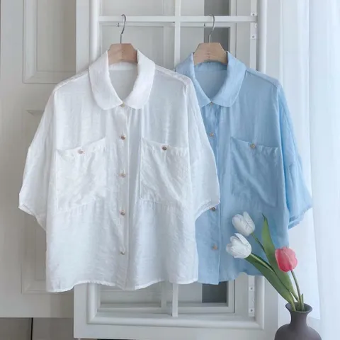 여성 단추 둥근카라넥 반소매 박시핏 빅사이즈 블라우스