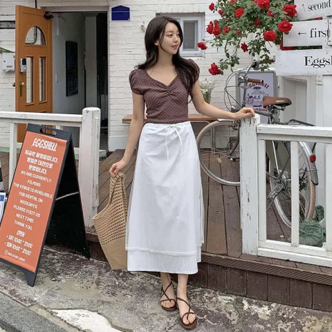 |KMT930F|여성 도트 패턴 브이넥 슬림핏 반팔 티셔츠