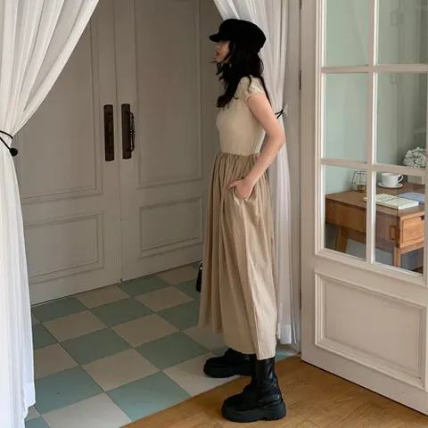 |CHO5A96|여성 라운드넥 민소매 하프 캉캉 롱 드레스