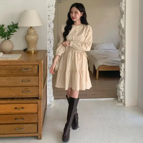 |CHO5A9F|여성 라운드넥 허리 조절 캉캉 롱 드레스