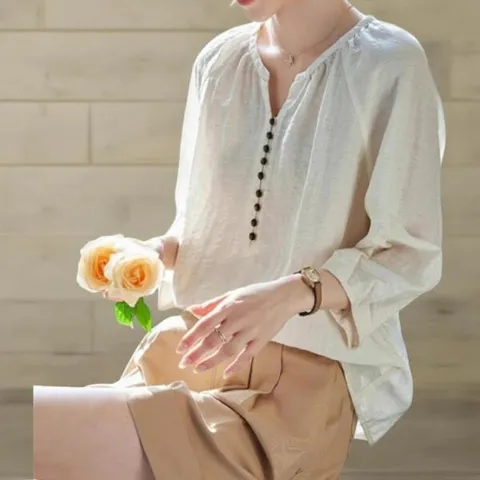 아트박스/신상오픈런 여성 여름 린넨 버튼 트임 노카라 블라우스 +할인쿠폰