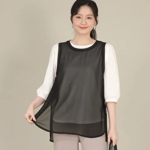 애비뉴투지 엄마옷 쉬폰 시스루 코디하기 좋은 라운드 여성 여름 옆트임 하프 조끼 V07156 +할인쿠폰
