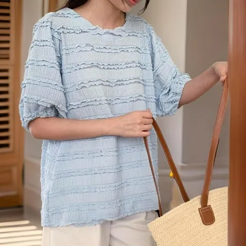 [하프클럽/옷자락]여팔티프릴여리여리퍼프블라우스