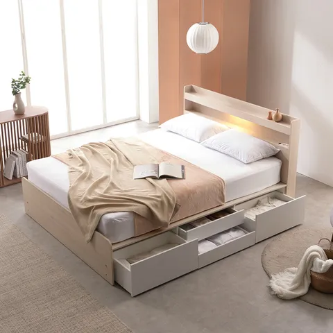 [보루네오]호텔라인 멀티서랍 조명 침대 (슈퍼싱글 라텍스포켓스프링매트) KC742