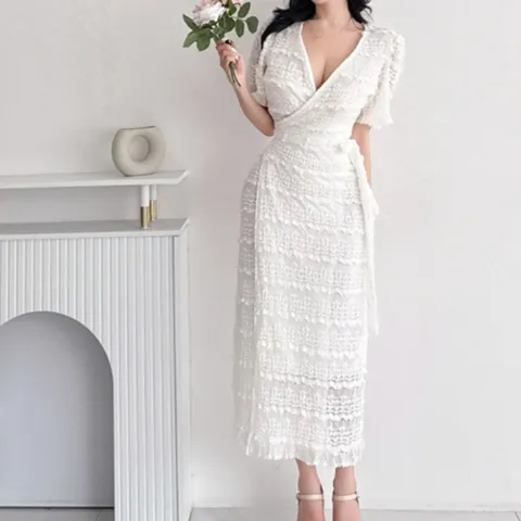 여성 귀여운 롱 반소매 흰색 레이스 랩 원피스