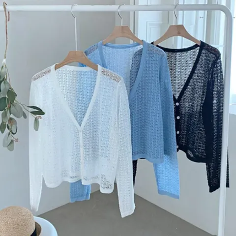 여자 비스코스 롱슬리브 펀칭 썸머 망사 비침 가디건