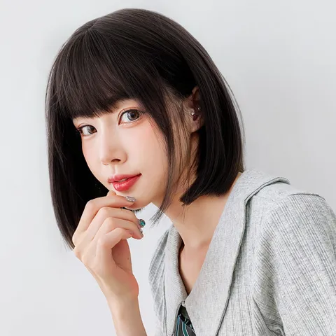 여성용 귀여운 단말머리 숏컷 통가발_다크브라운